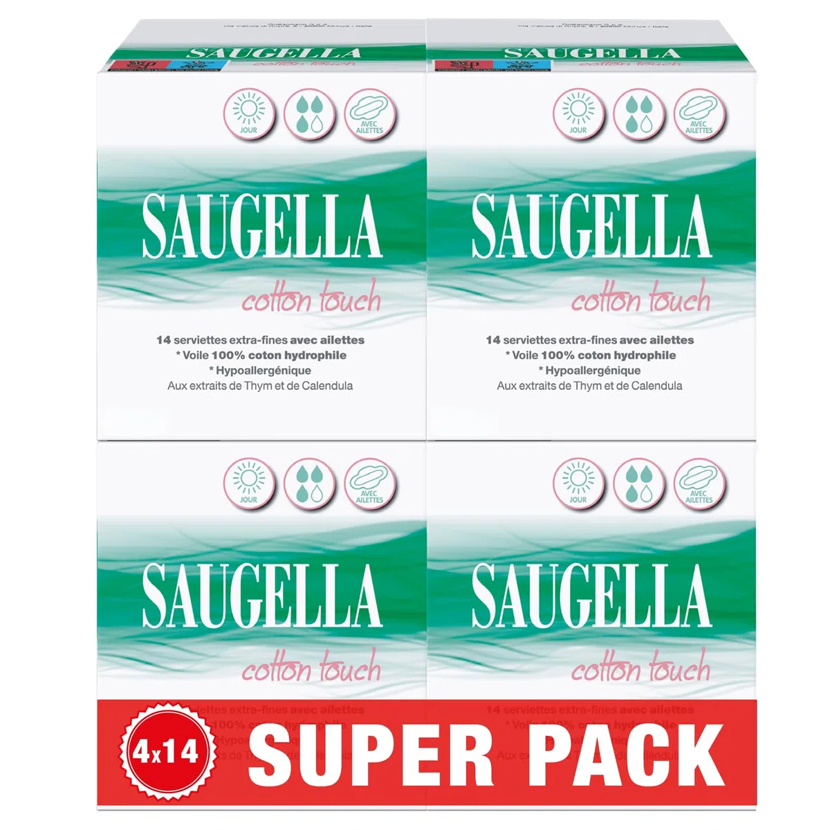 Saugella - Cotton Touch Jour - Serviettes Hygiéniques - Très Absorbantes – Extra-fines - Hypoallergéniques Avec Ailettes - Anti-Odeurs - 56 Serviettes - Lot De 4x14