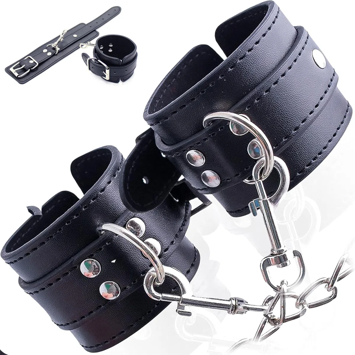 Menottes sex lit Longueur 29,5cm largeur 5,5cm en cuir artificiel noir Menotte femme sexy érotique pour jeux BDSM Menottes sexy érotique avec chaîne Menottes sex adulte menotte sexy érotique FOPS B01