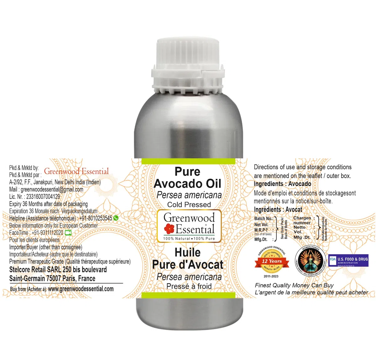 Greenwood Essential Huile d'avocat naturelle pure (Persea americana) pressée à froid, 630 ml