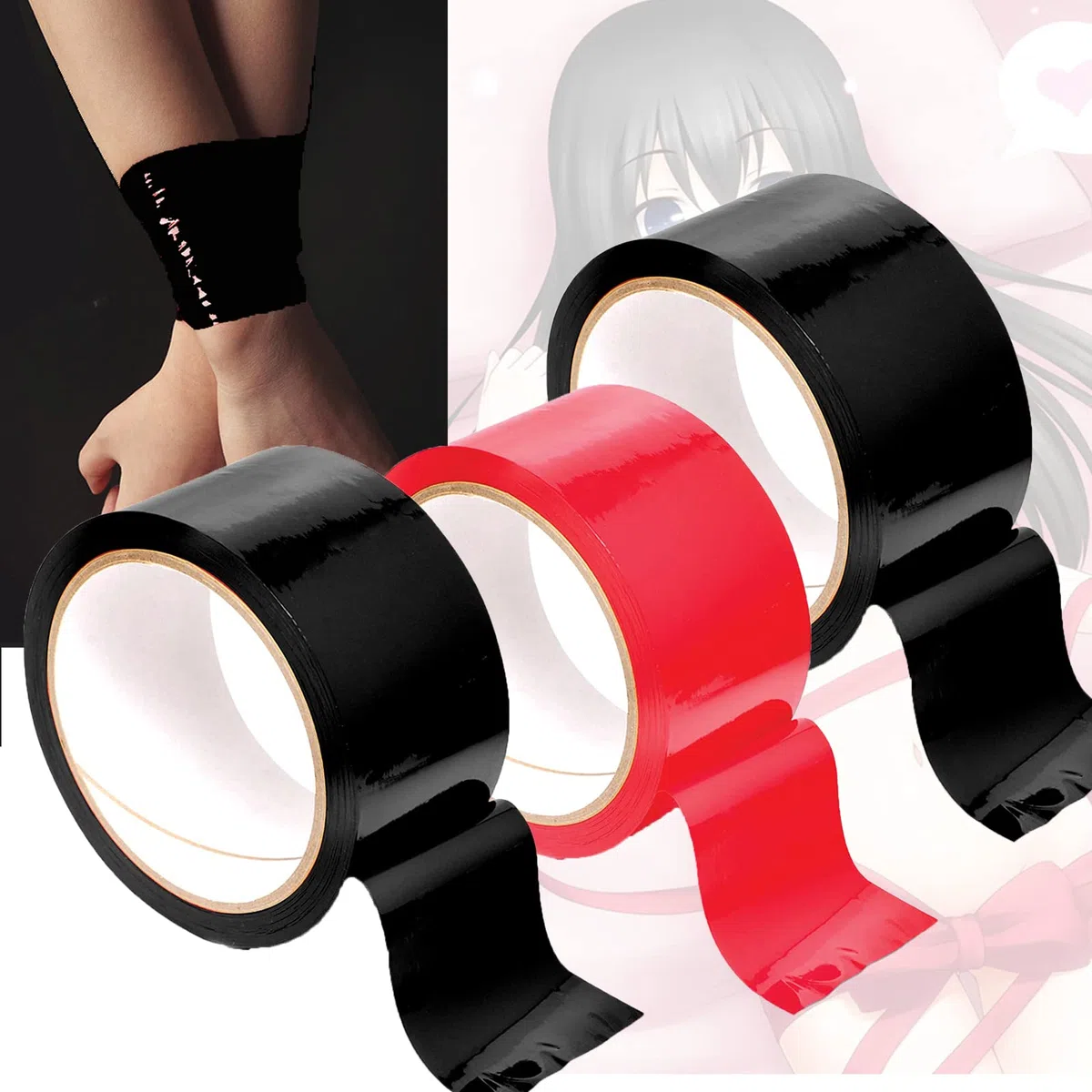 Aïe ! - Bondage Tape 20m de long - 5cm de large 3PC Design Tape sans statique, Bande de bondage SM polyvalente pour les jeux sexuels couples femmes hommes (2Noir 1Rouge)