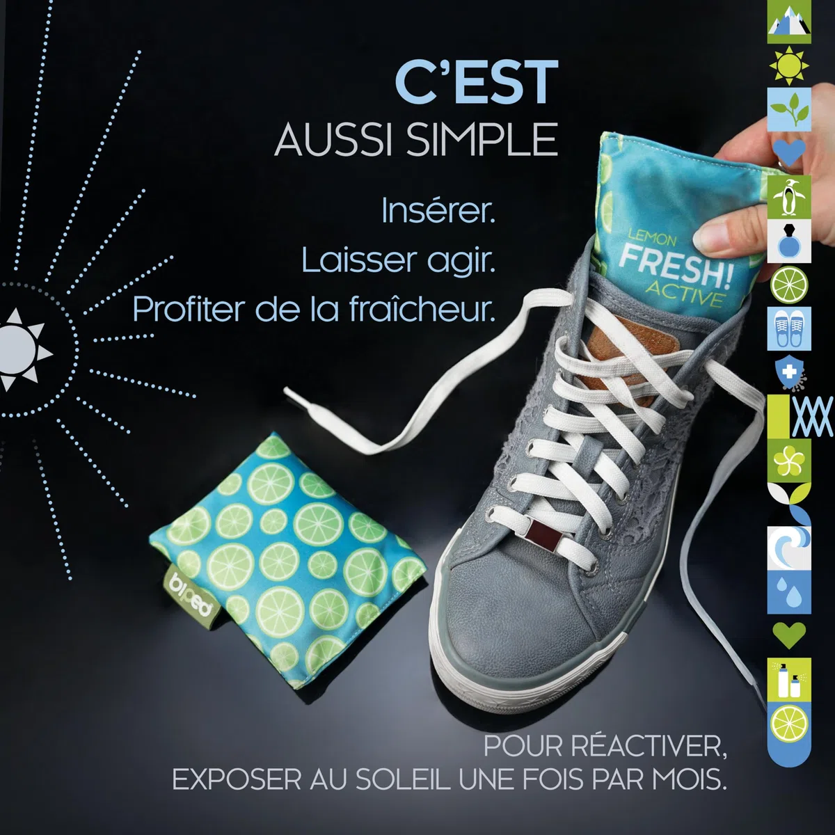 biped FRESH! ACTIVE – Déodorant pour chaussures avec charbon actif de bambou – coussin parfumé ou version PURE sans huile – contre la transpiration et les mauvaises odeurs z2926(LEMON)