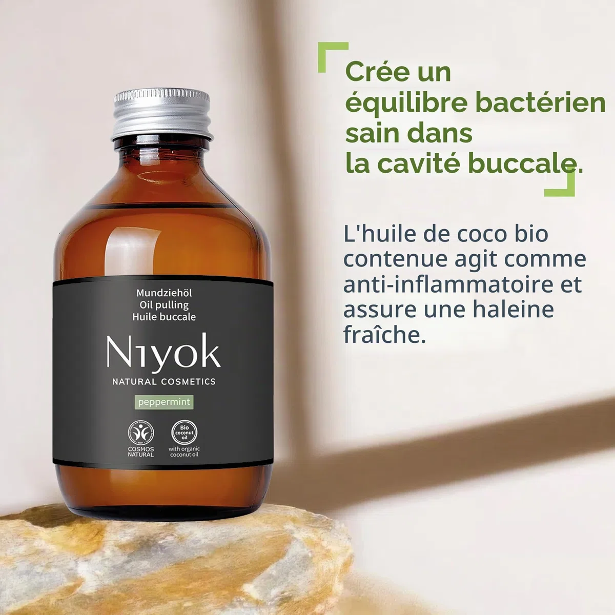 Niyok® Huile de noix de coco bio « menthe poivrée » (200 ml) • Rinçage de bouche aux huiles essentielles • Cure de tirage à l'huile de coco bio contre les caries, le tartre et la mauvaise haleine •
