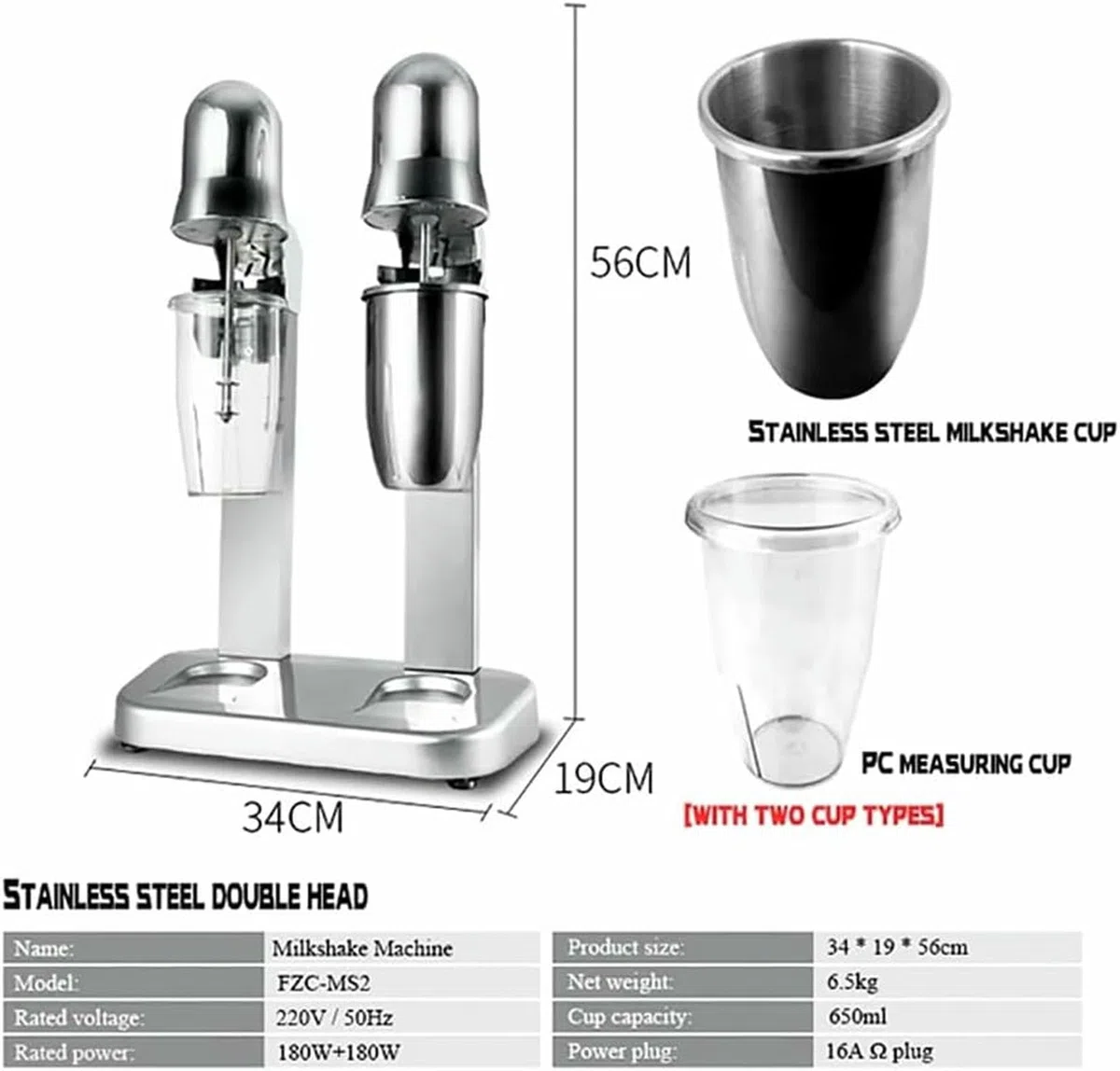 Shaker électrique pour milkshakes et boissons protéinées, haute puissance de 180 W, vitesse réglable, comprend 2 tasses, base stable pour un mélange facile
