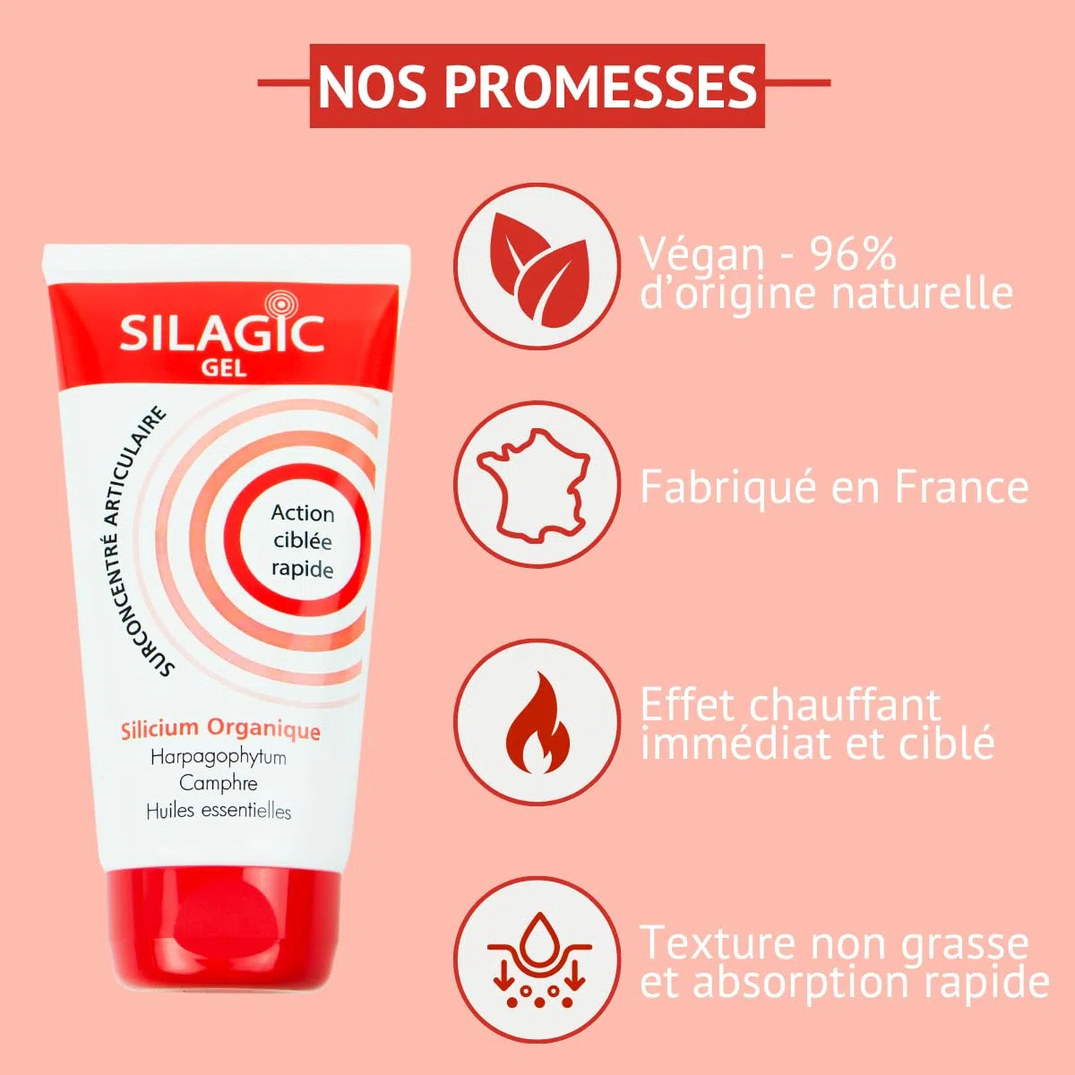 SILAGIC - Gel de Massage Chauffant Articulations & Muscles - Soulage Tensions & Raideurs - Silicium, Harpagophytum, Camphre & Huiles Essentielles - Fabriqué en France - 150 ml