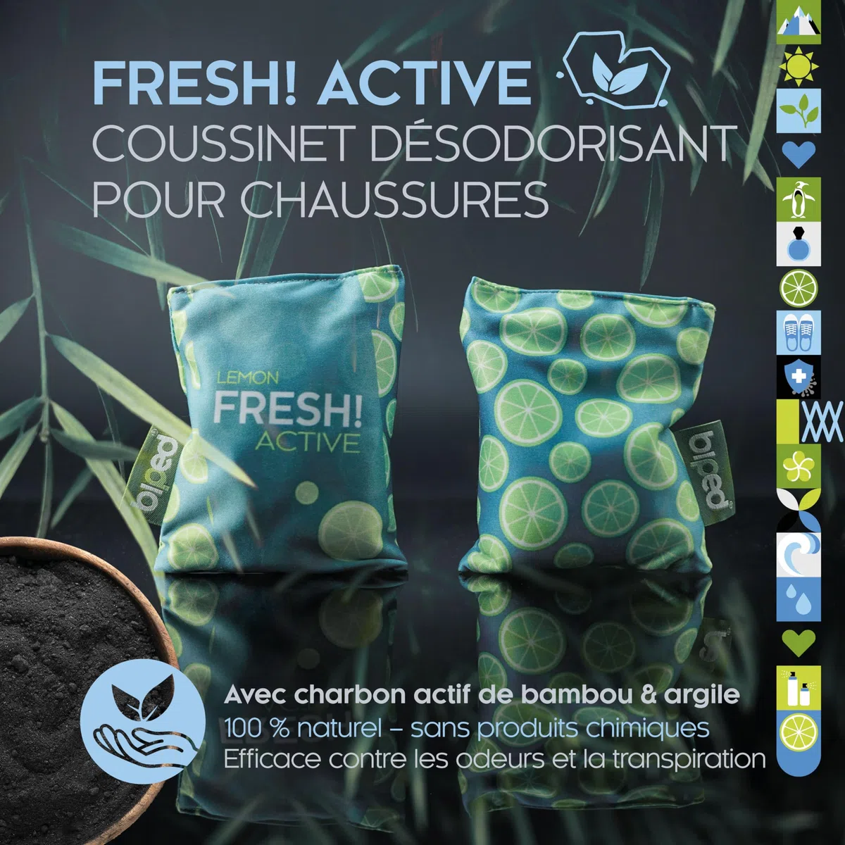 biped FRESH! ACTIVE – Déodorant pour chaussures avec charbon actif de bambou – coussin parfumé ou version PURE sans huile – contre la transpiration et les mauvaises odeurs z2926(LEMON)