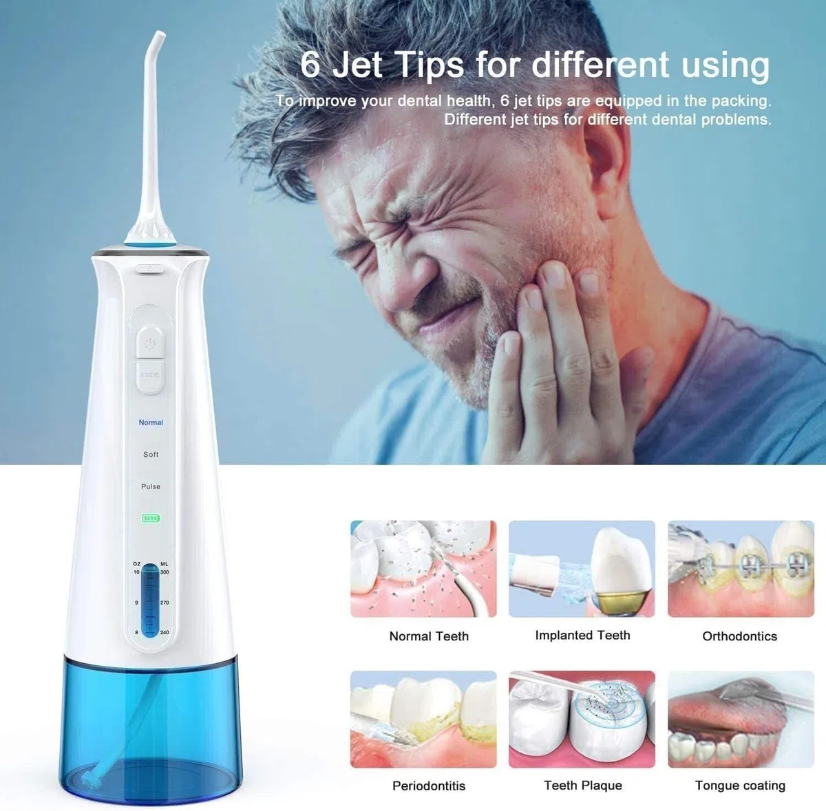 Irrigateur buccal dentaire portable avec 3 modes, 6 embouts de jet remplaçables, nettoyeur de dents étanche rechargeable pour la maison et les voyages -Réservoir amovible de 300 ml (couleur : noir