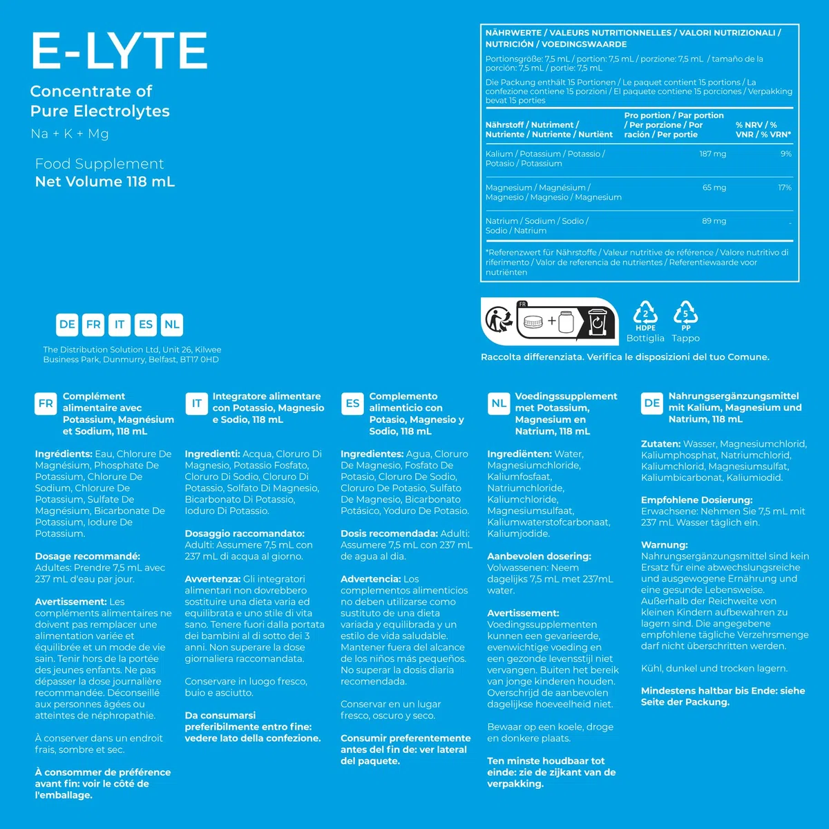 BodyBio e-Lyte Électrolytes pour Hydratation, Énergie et Soulagement des Crampes, Sans Sucre ni Arômes Artificiels 4 Fl oz