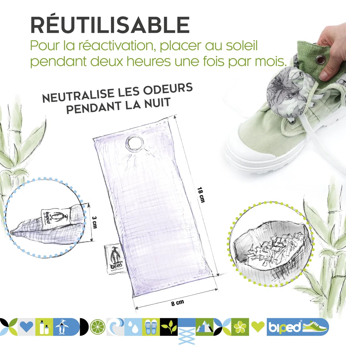 biped FRESH ! Cale-pieds avec charbon actif de bambou contre les odeurs de pieds - Sécheur de chaussures naturel - Désodorisant pour chaussures à l'odeur désagréable z2811(4 pièces, vert)