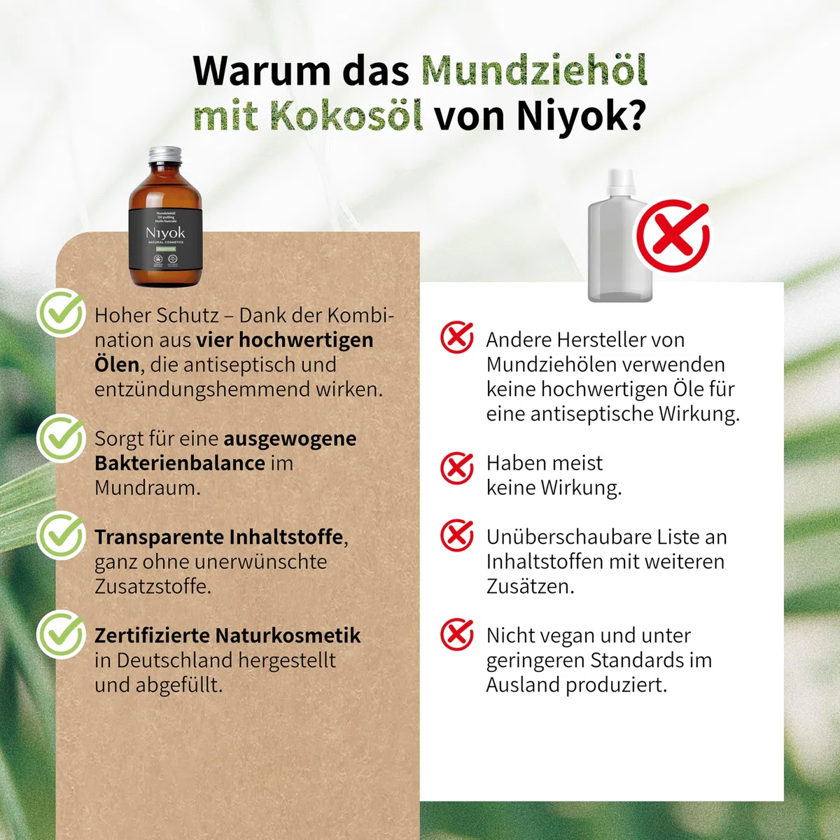 Niyok® Huile de noix de coco bio « menthe poivrée » (200 ml) • Rinçage de bouche aux huiles essentielles • Cure de tirage à l'huile de coco bio contre les caries, le tartre et la mauvaise haleine •