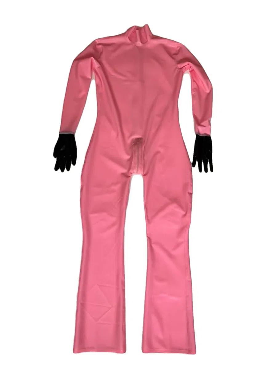 Combinaison Catsuit en Latex rose Sexy, vêtements moulants en caoutchouc pour combinaison fétichiste pour femmes