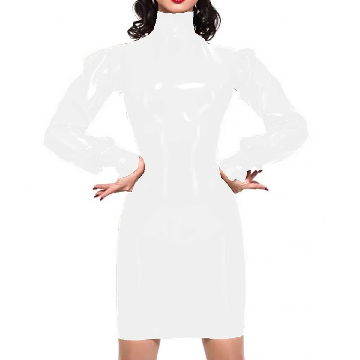 Robe longue moulante à col montant et manches lanternes pour femmes, robe en vinyle, costume sexy de costumade grande taille