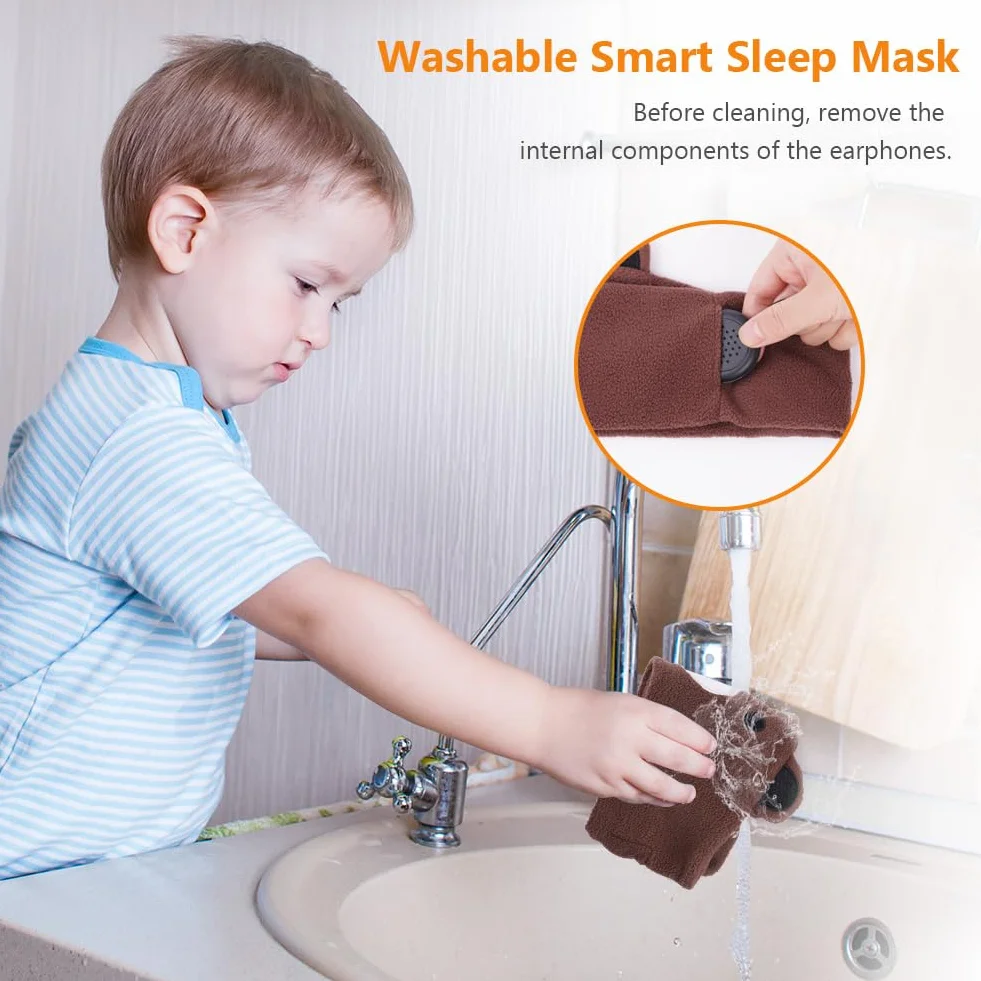 OFFCUP Masque de Nuit Enfant, 100% Occultant Masque de Sommeil, Bandeau Bluetooth Mignon, Doux et Confortable pour Dormir Masques pour les Yeux, Casque de Sommeil sans Fil pour Homme Femme -Ours