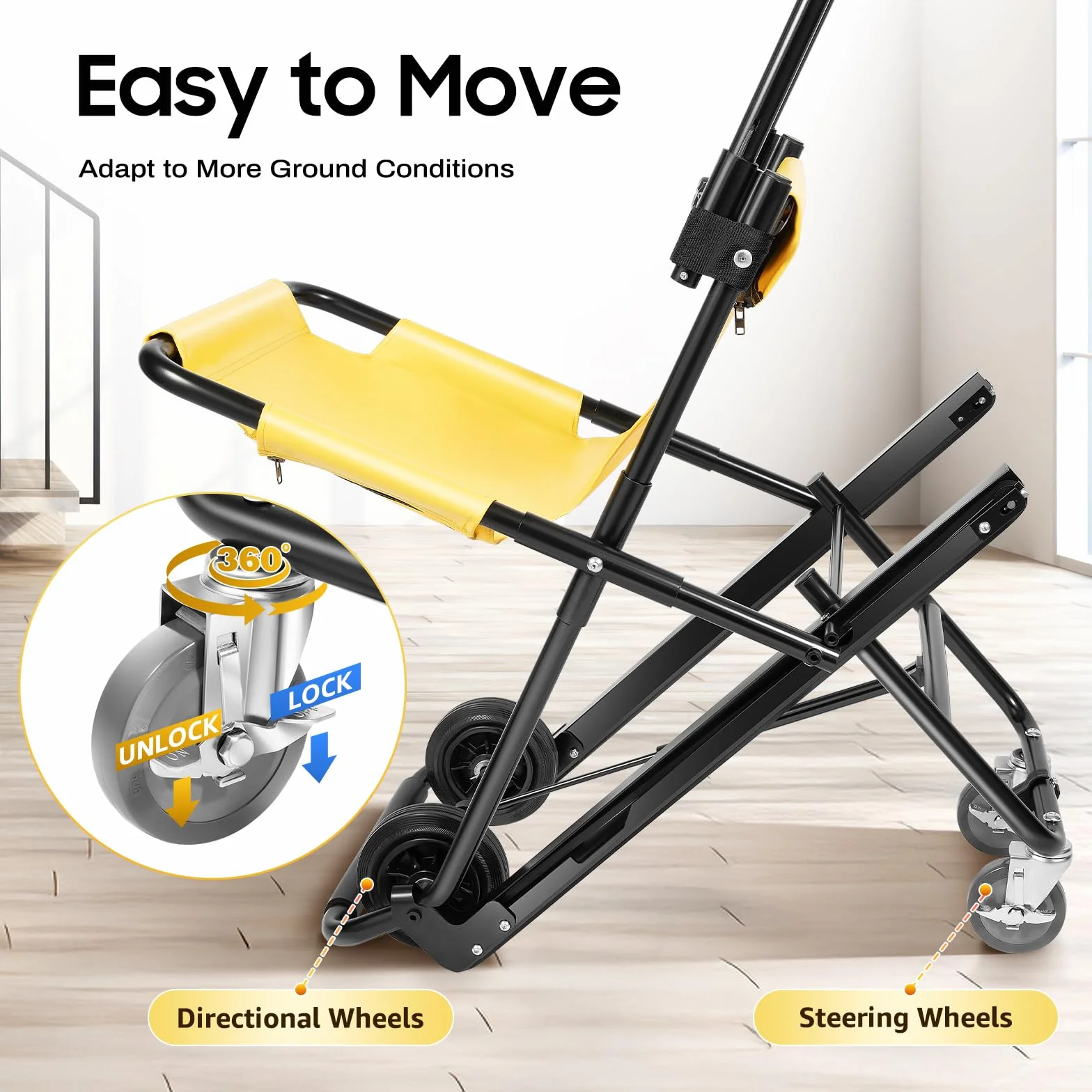 Monte-escalier | Chaise d'escalier pliable | Charge maximale 159 kg | 4 roues et ceintures de sécurité | Avec tissu en PVC et appui-tête réglable | Pour opérations de sauvetage et hôpitaux | Jaune