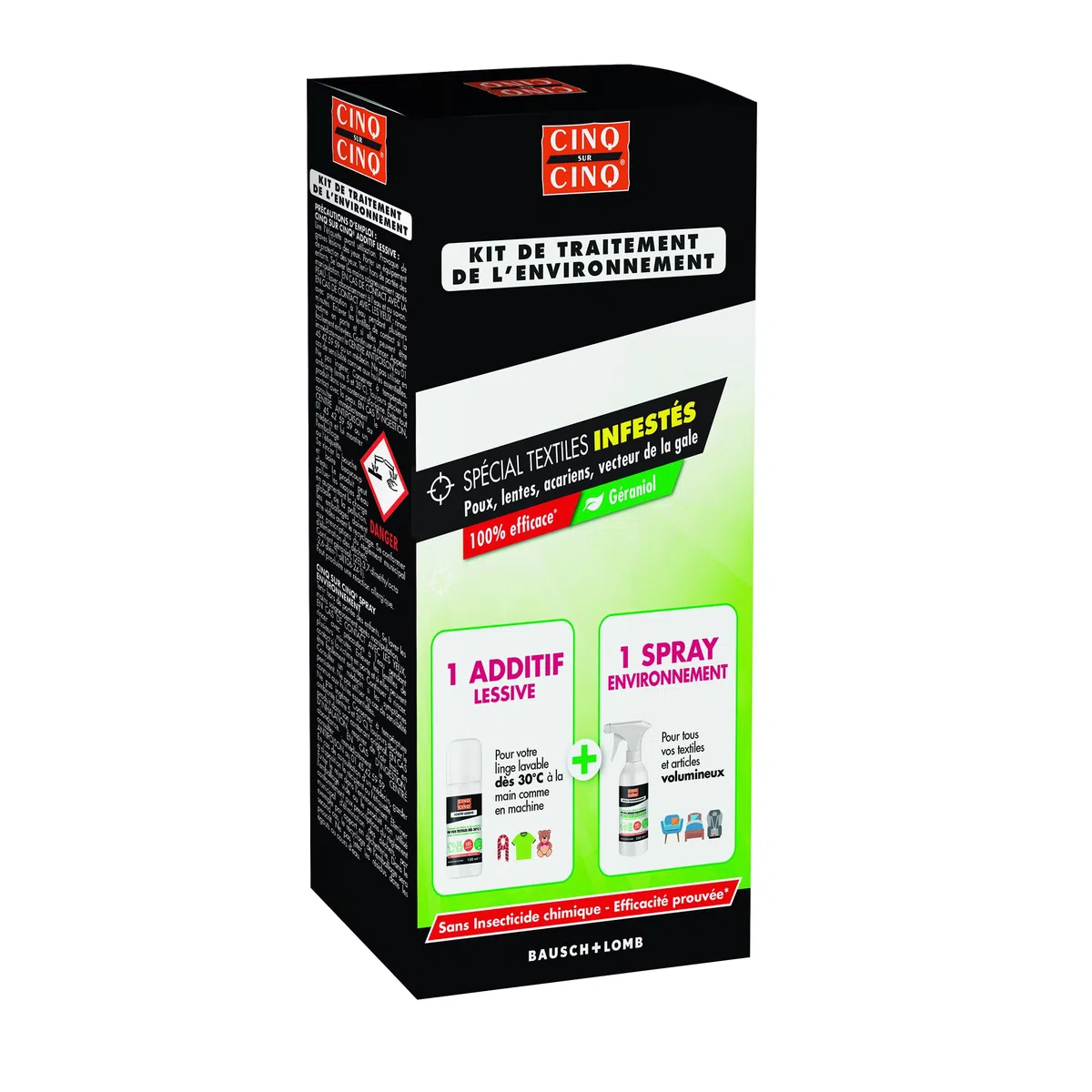CINQ SUR CINQ Kit Environnement Anti-Poux & Lentes – Additif Lessive 150 ml + Spray Environnement 250 ml – Textiles & Surfaces