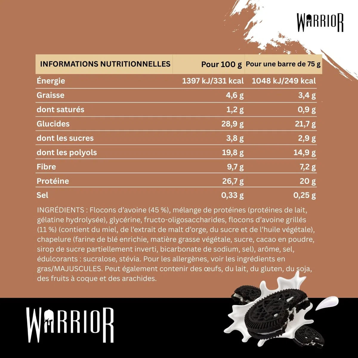 Warrior Raw Barre Protéinée 12 x 75 g – Barre Proteine Flocons d'Avoine, Barre Cereales Proteine Riche en Fibres, Barre Protéinée Naturelle avec Prébiotiques – Cookies & Crème