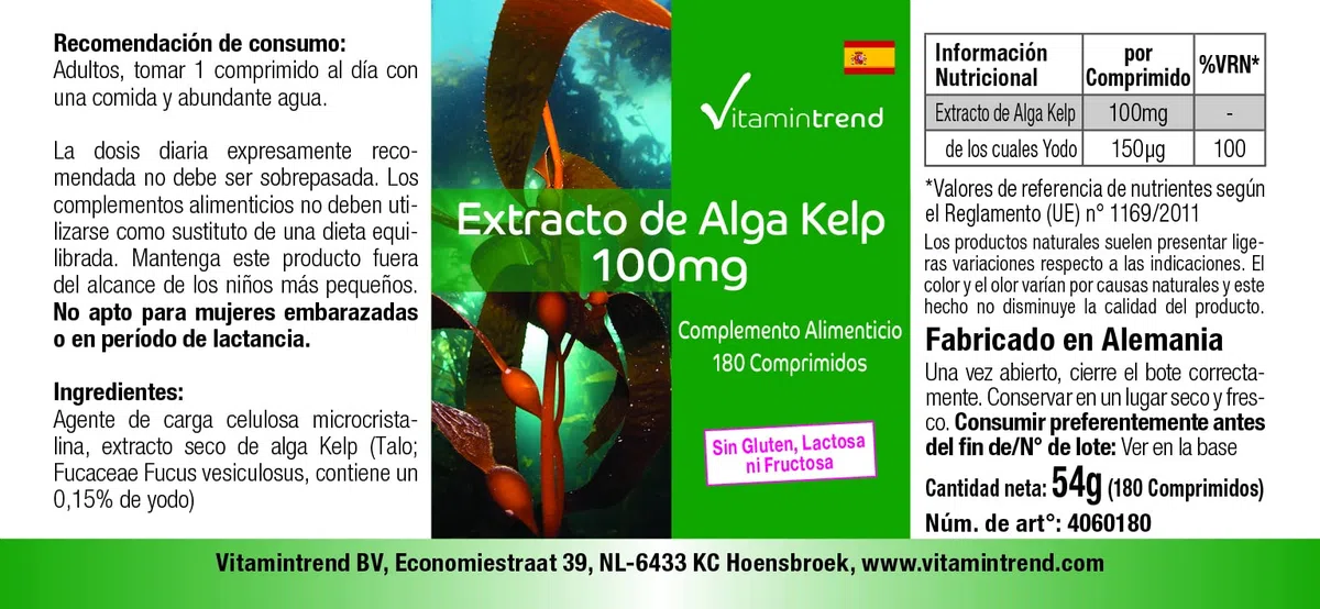 Vitamintrend Extrait de Kelp 100 mg, 180 comprimés, faciles à avaler, iode naturel, complément alimentaire végan sans stéarate de magnésium, fabriqué en Allemagne