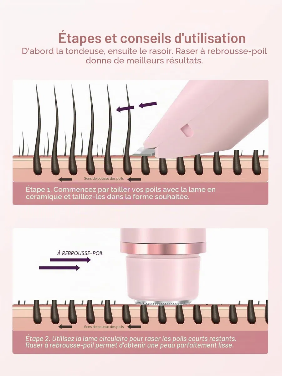 Tondeuse bikini 2 en 1 pour femme - Double tête - Rasoir électrique pour femme - Poils pubiens IPX7 - Étanche - Bikini - Bras aisselles - Jambe - Visage - Corps - Rose