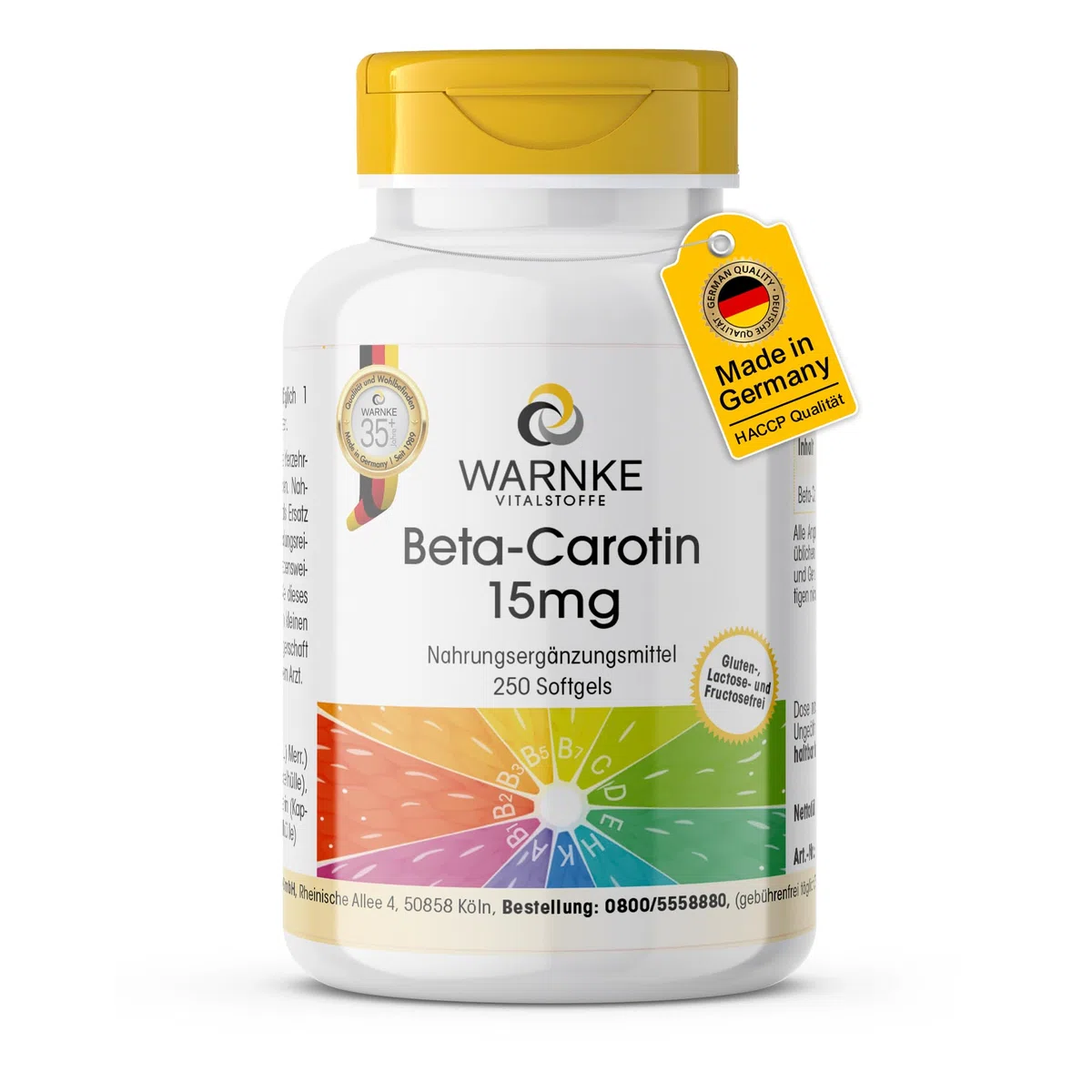 Bêta-carotène 15mg - 250 gélules - 15mg par gélule (correspond à 25 000 UI) - Provitamine A - HAUTEMENT DOSÉ - Qualité pharmaceutique allemande | Warnke Vitalstoffe