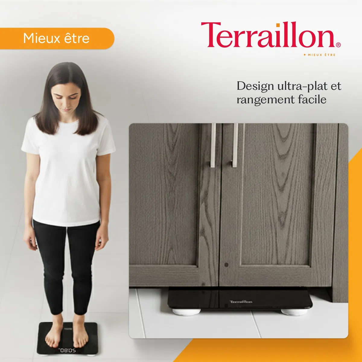 TERRAILLON - Balance Pese personne, Pese personnes électronique Ultra plat 26cm x 26cm, Confort de lecture avec un son grand écran Magic LED, Pesée Jusqu'à 180Kg avec une Précision à 100g, TSQUARE