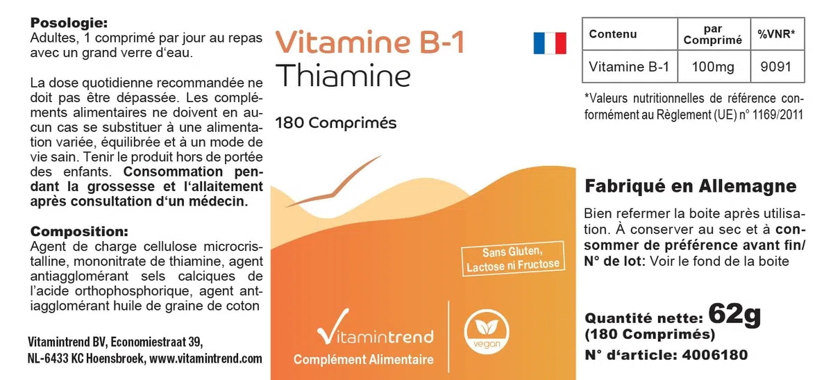 Vitamintrend Vitamine B1 hautement dosée 100 mg, 180 comprimés, thiamine, complément alimentaire vegan sans additifs, fabriqué en Allemagne