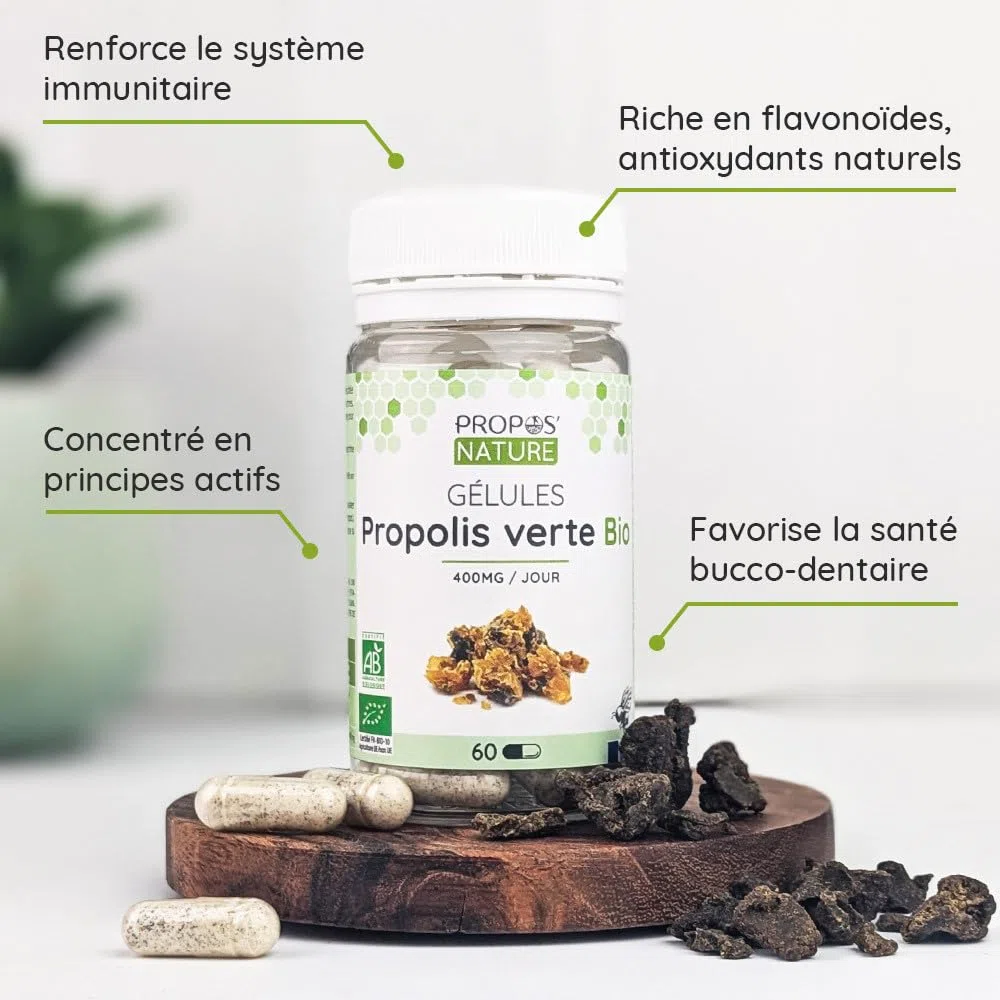 Gélules Végétale Propolis Verte Bio - enveloppe végétale - Dosées à 100mg/gélule - 60 gélules - Sans colorant ni conservateur - Certifiées bio - Agriculture Biologique - PROPOS'NATURE