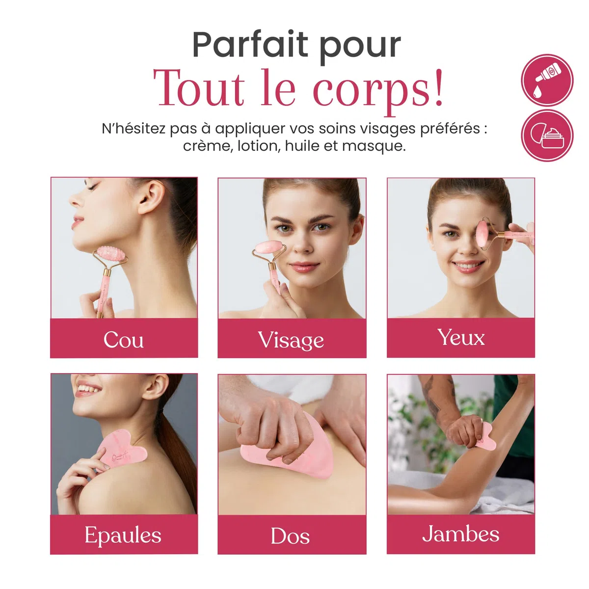 Kit Gua Sha Visage et Corps & Roller | Pierre De Quartz Rose | Massage Anti Ride & Drainage Lymphatique | Lifting Double Menton | Guasha Maderotherapie | Affiner Face Shaper [OanovA]