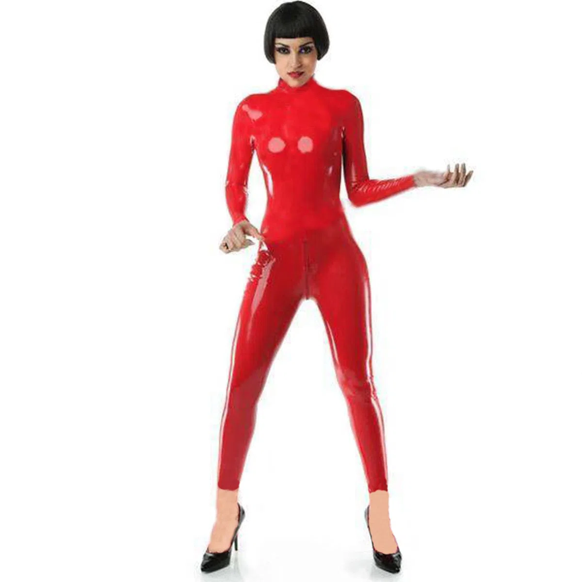 Combinaison moulante avec fermeture éclair à l'entrejambe pour femme Rouge Taille M