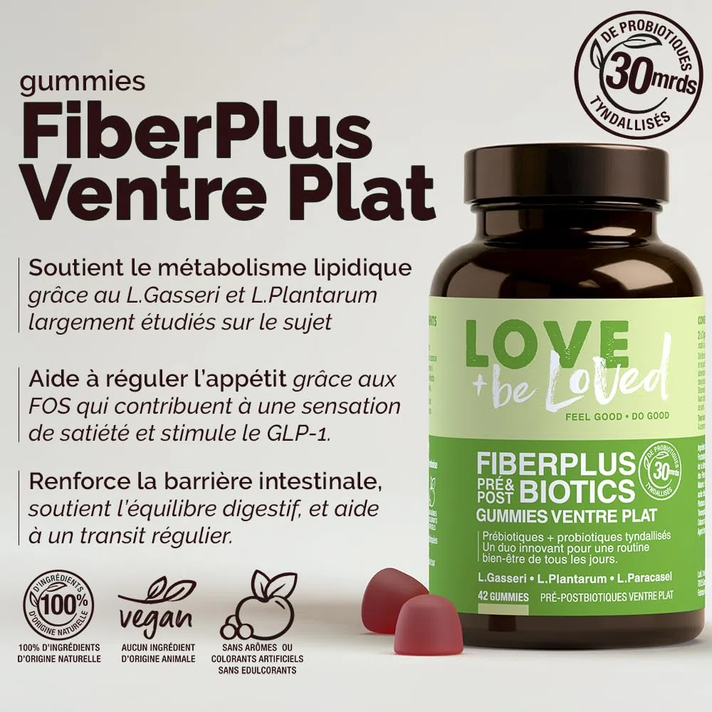 Gummies FiberPlus Ventre Plat – Pré & Postbiotiques – 5g de Prébiotiques FOS + 30 Mds de Probiotiques tyndallisés (L. Gasseri, ...) – 42 gummies – Vegan