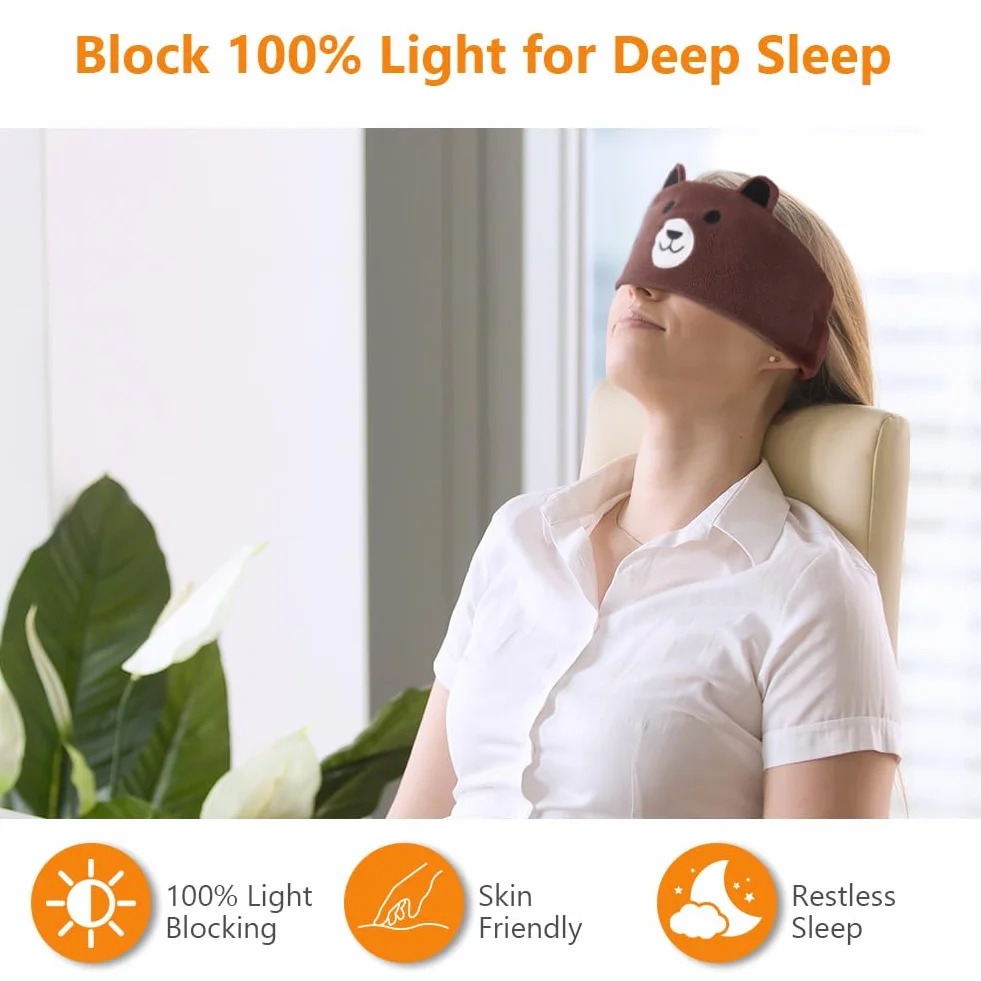 OFFCUP Masque de Nuit Enfant, 100% Occultant Masque de Sommeil, Bandeau Bluetooth Mignon, Doux et Confortable pour Dormir Masques pour les Yeux, Casque de Sommeil sans Fil pour Homme Femme -Ours