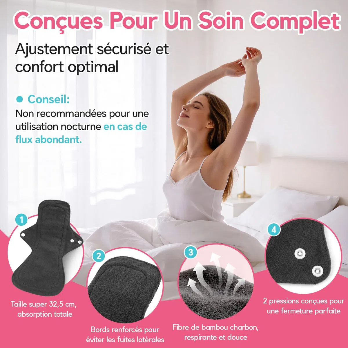Lot de 4 serviettes hygiéniques lavables pour la nuit - Serviettes menstruelles réutilisables avec couche absorbante en charbon de bambou - Pour la nuit avec queue ondulée