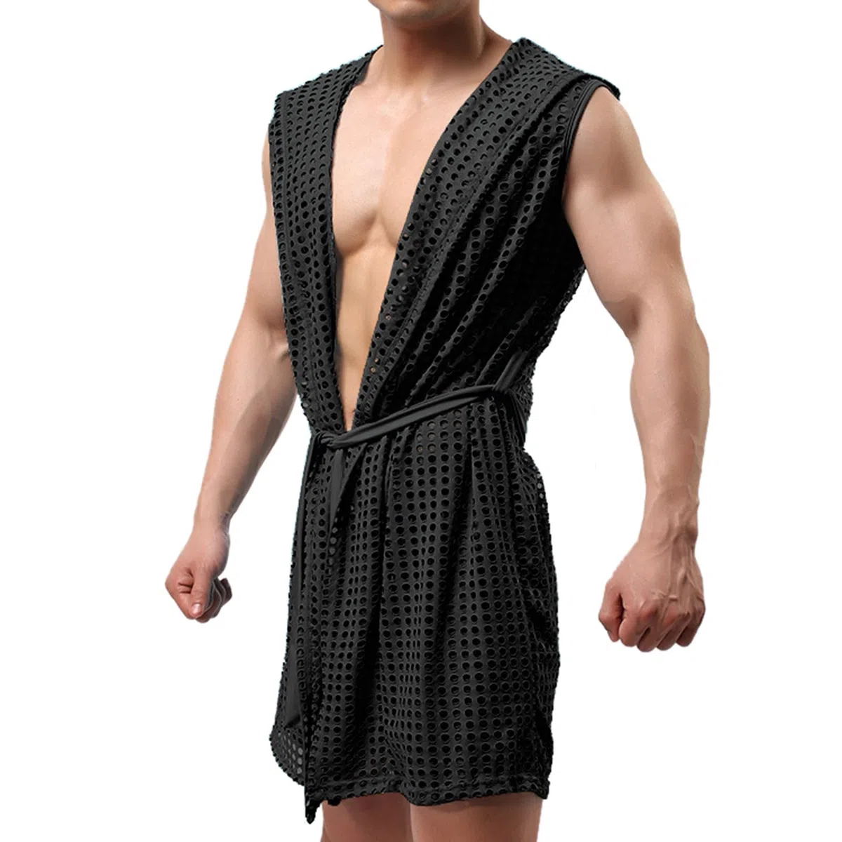 Peignoir col châle pour homme - Maille de pêche - Transparent - Sous-vêtements sexy - Kimono avec ceinture - Léger et confortable - Vêtement de détente érotique - Haut décontracté