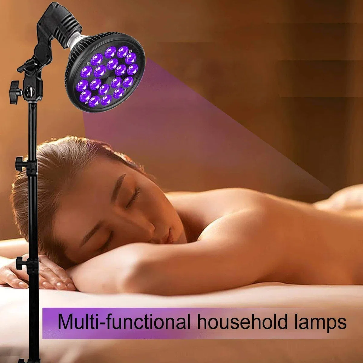 Lampe de bronzage avec masque pour les yeux et trépied (38,5-78,7 pouces), 18 LED 395 nm, appareil autobronzant pour la maison, lampadaire à lumière violette 54 W pour le corps et le visage, bronze
