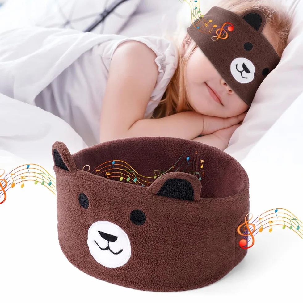 OFFCUP Masque de Nuit Enfant, 100% Occultant Masque de Sommeil, Bandeau Bluetooth Mignon, Doux et Confortable pour Dormir Masques pour les Yeux, Casque de Sommeil sans Fil pour Homme Femme -Ours