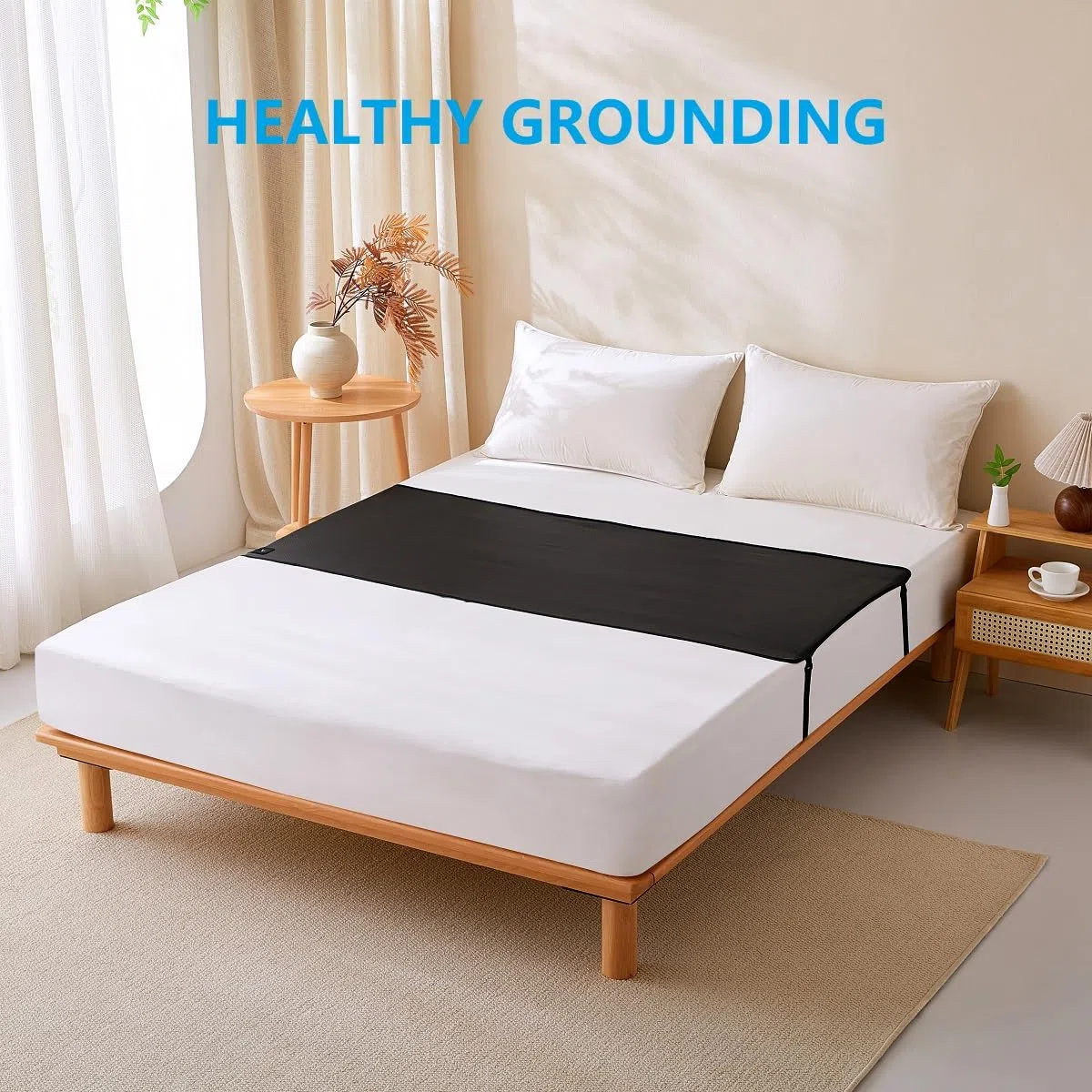 Tapis de terre pour lit, tapis de terre antidérapant en cuir synthétique avec cordon de mise à la terre, noir, très grand lit