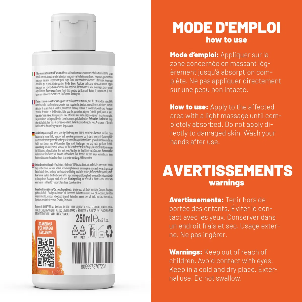 Huile Arnica Très Forte pour Massages Relaxants et Décontracturants, Huile Idéale pour les Tensions Musculaires et les Sportifs avec Camphre Réchauffant, Lavande et Eucalyptus, 250 ml - FITOATTIVI