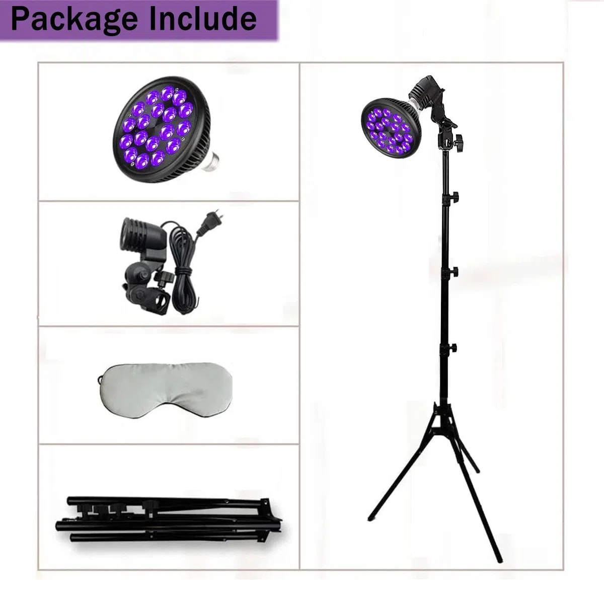 Lampe de bronzage avec masque pour les yeux et trépied (38,5-78,7 pouces), 18 LED 395 nm, appareil autobronzant pour la maison, lampadaire à lumière violette 54 W pour le corps et le visage, bronze