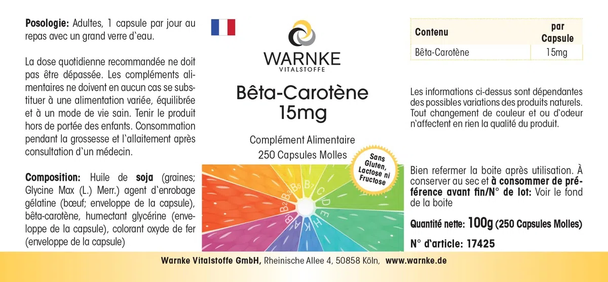 Bêta-carotène 15mg - 250 gélules - 15mg par gélule (correspond à 25 000 UI) - Provitamine A - HAUTEMENT DOSÉ - Qualité pharmaceutique allemande | Warnke Vitalstoffe