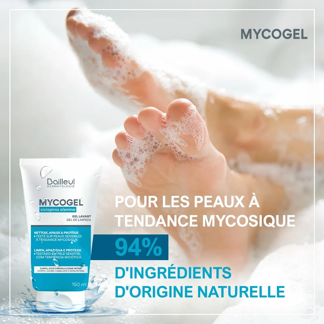 Bailleul | Mycogel | Gel lavant contre les mycoses cutanées | Nettoie, Apaise et Protège | Peaux et muqueuses génitales sensibles à tendance mycosique | Vegan | 150 ml