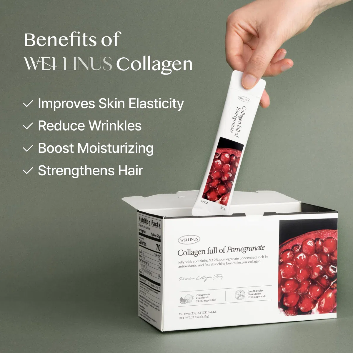 WELLINUS Bâtonnets de gélatine de collagène coréen - 25 collagènes de peptides de collagène marin saveur grenade anti-âge - Protéine de collagène sans sucre, paquets de voyage pour Ha