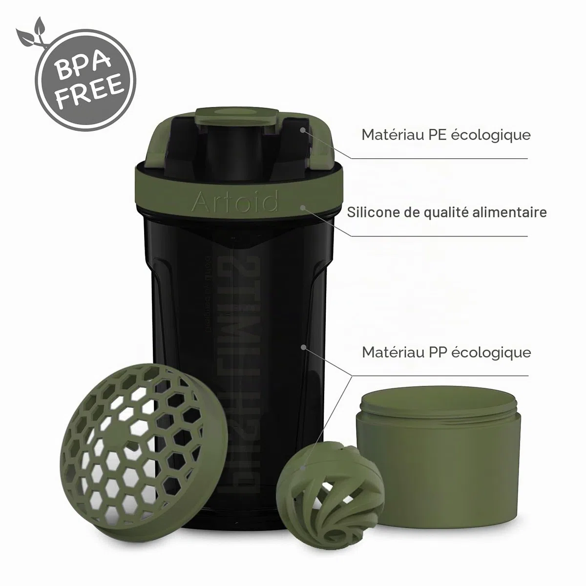 Artoid Mode Shaker Protéines Avec compartiment à poudre Boissons sportives Lavage à la main Noir/Vert 720ml, tamis Boule en Spirale Organisateur 200ml Compléments alimentaires Sans BPA