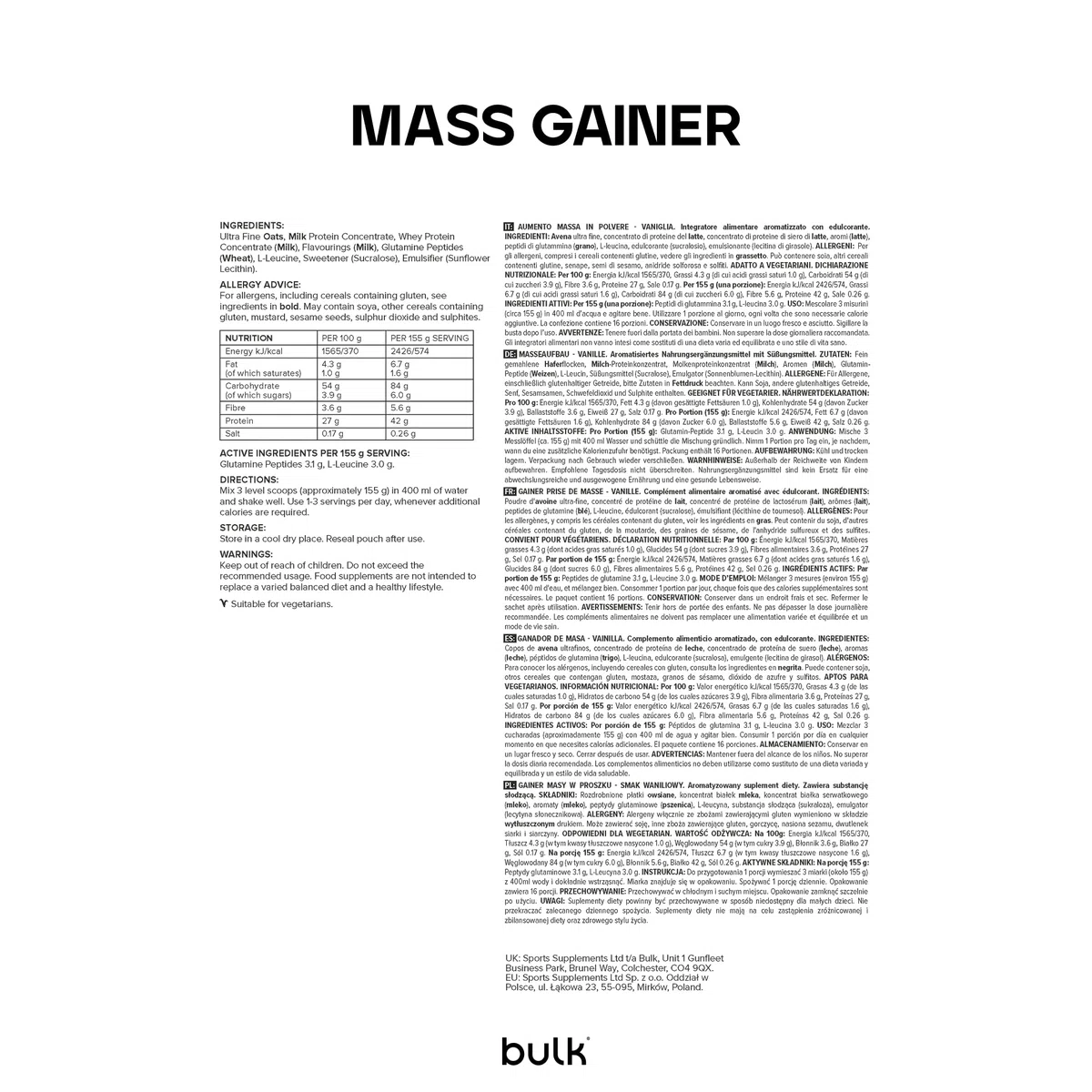 Bulk Gainer Complet | Vanille | 6 portions | 42g de protéines par portion | 84g glucides | 500 kcal par portion | Gainer hypercalorique | Soutient croissance et maintien musculaires | 1kg