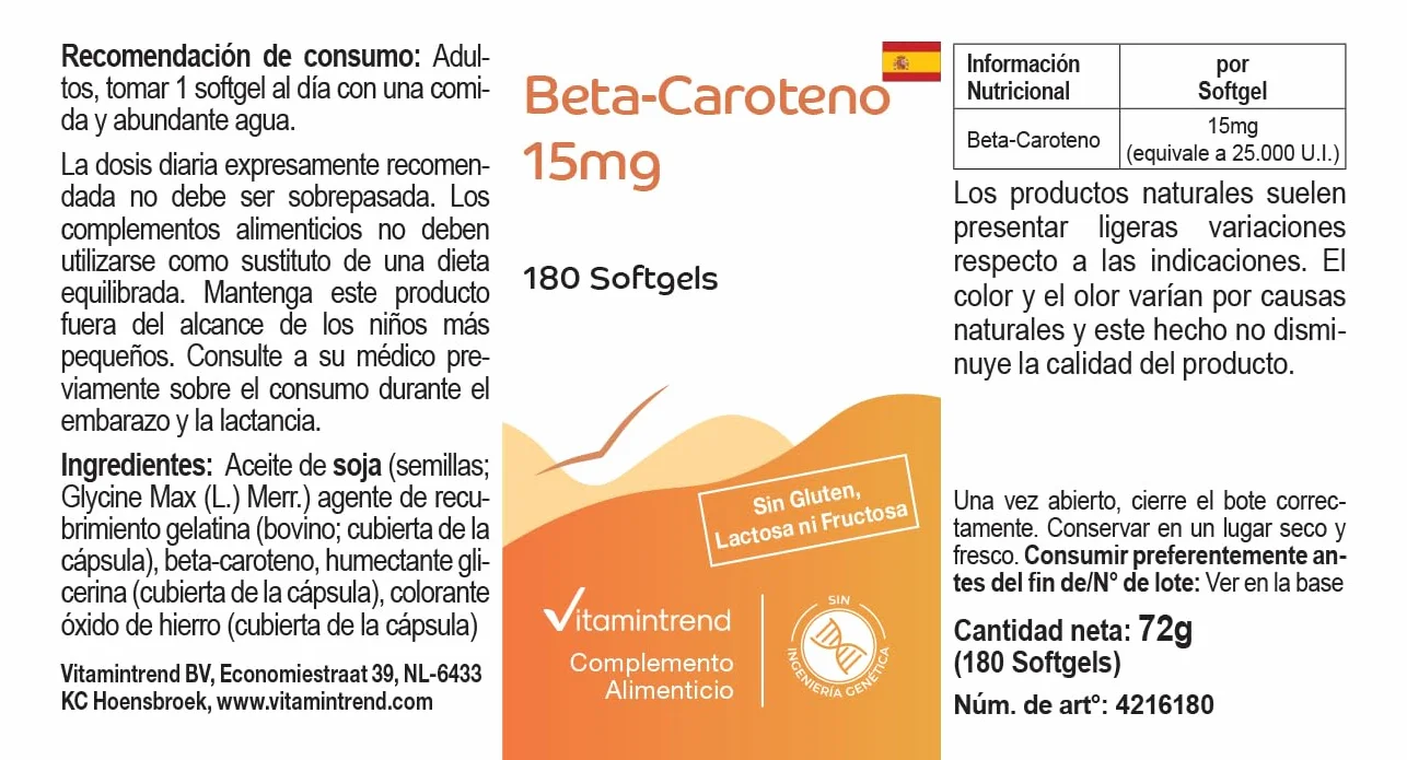 Vitamintrend Bêta-carotène 15 mg, 180 capsules molles de 15 mg chacune (équivaut à 25 000 UI), hautement dosé, sans stéarate de magnésium, fabriqué en Allemagne
