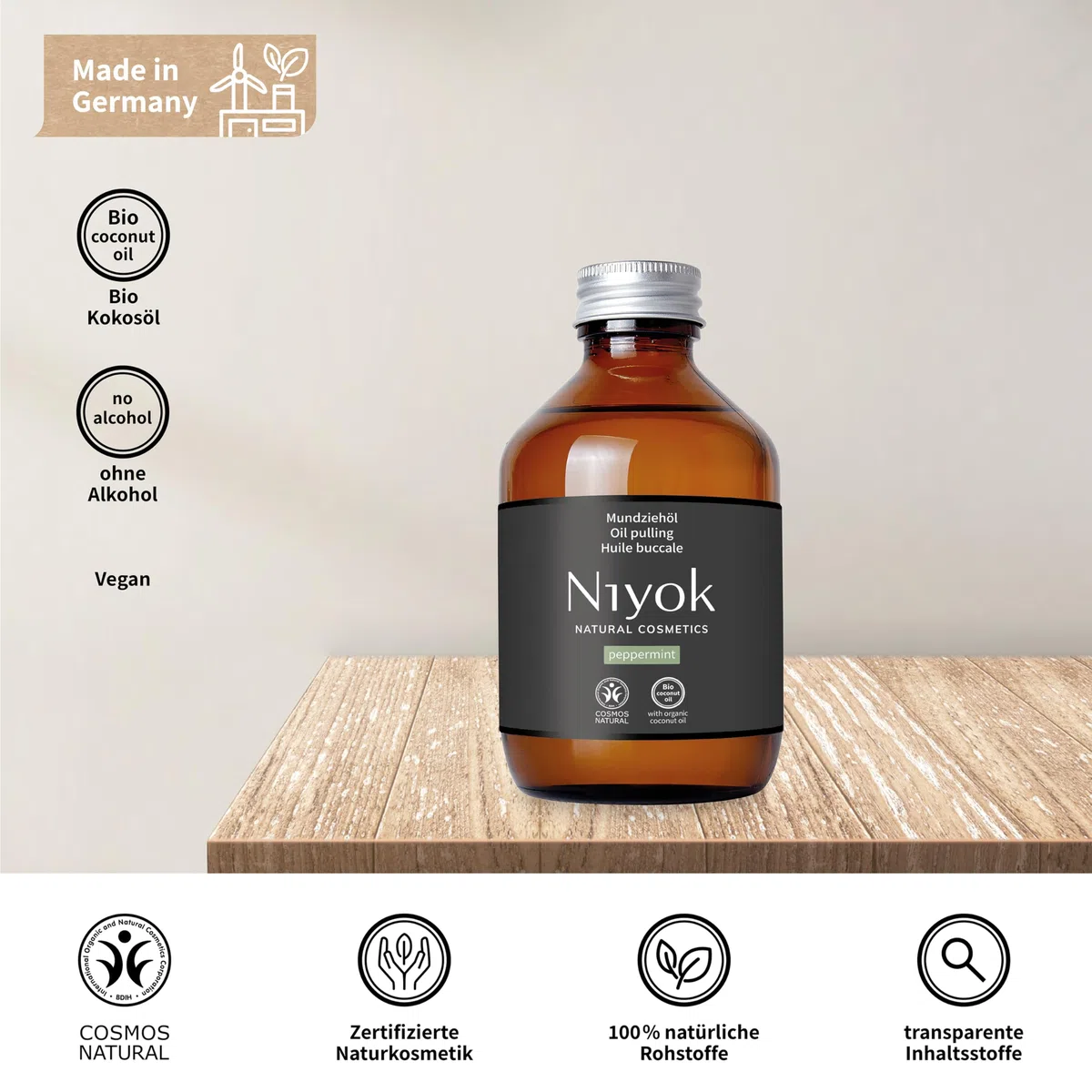 Niyok® Huile de noix de coco bio « menthe poivrée » (200 ml) • Rinçage de bouche aux huiles essentielles • Cure de tirage à l'huile de coco bio contre les caries, le tartre et la mauvaise haleine •