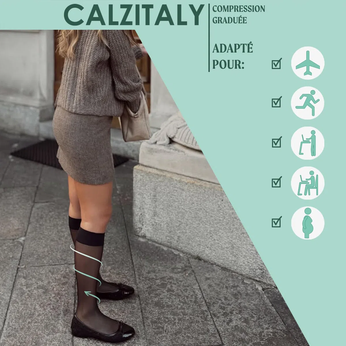 CALZITALY Lot 1/2 Paires Mi Bas de Compression Femme sans Orteils 70 DEN, Chaussettes de Contention Femme 10-14 mm/Hg