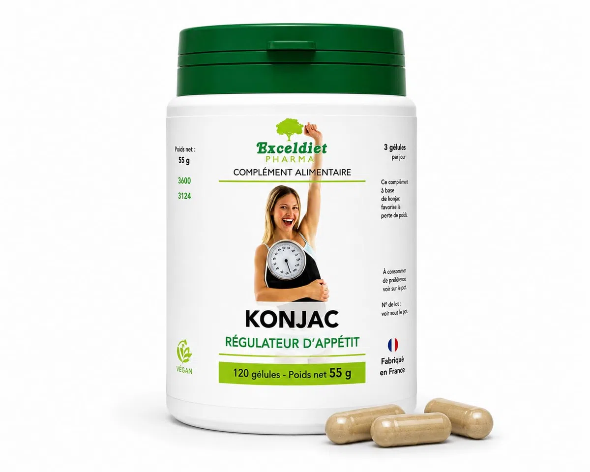 KONJAC Pur 3600 mg/j | Coupe Faim Puissant et Efficace | 95% Glucomannane | Minceur, Détox, Digestion, Transit | 120 gélules - Fabriqué en France