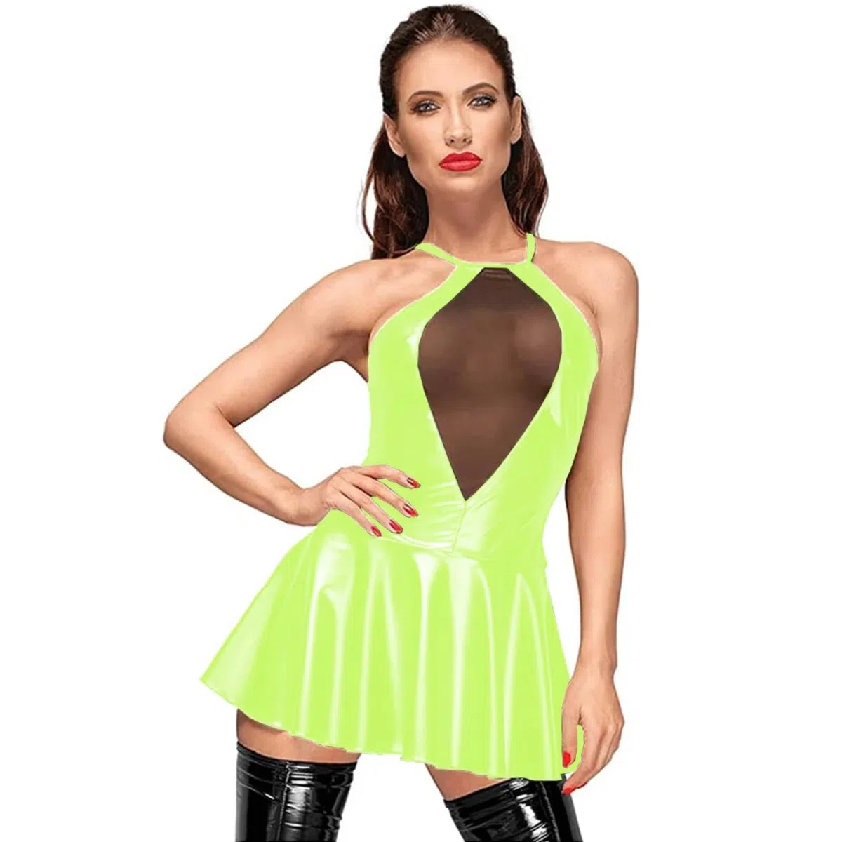 ODITE Sexy Femmes PU Cuir Patchwork Maille fibrShort Robe Cami Sangle Criss-Cross Dos Nu A-Ligne Robes Club fête S-7XL