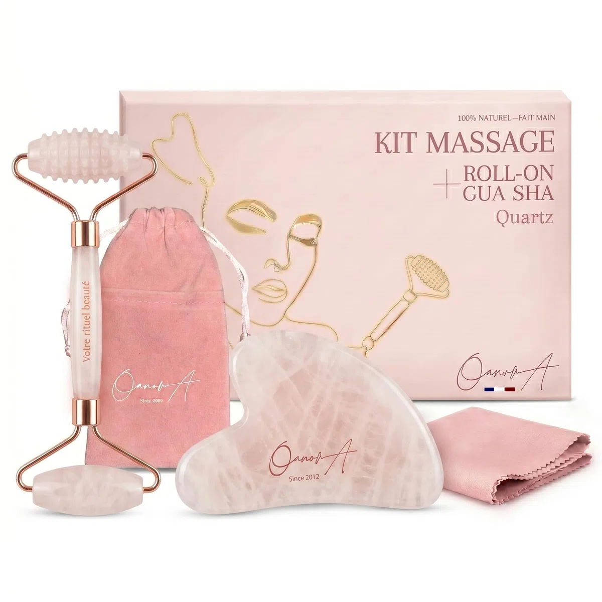 Kit Gua Sha Visage et Corps & Roller | Pierre De Quartz Rose | Massage Anti Ride & Drainage Lymphatique | Lifting Double Menton | Guasha Maderotherapie | Affiner Face Shaper [OanovA]