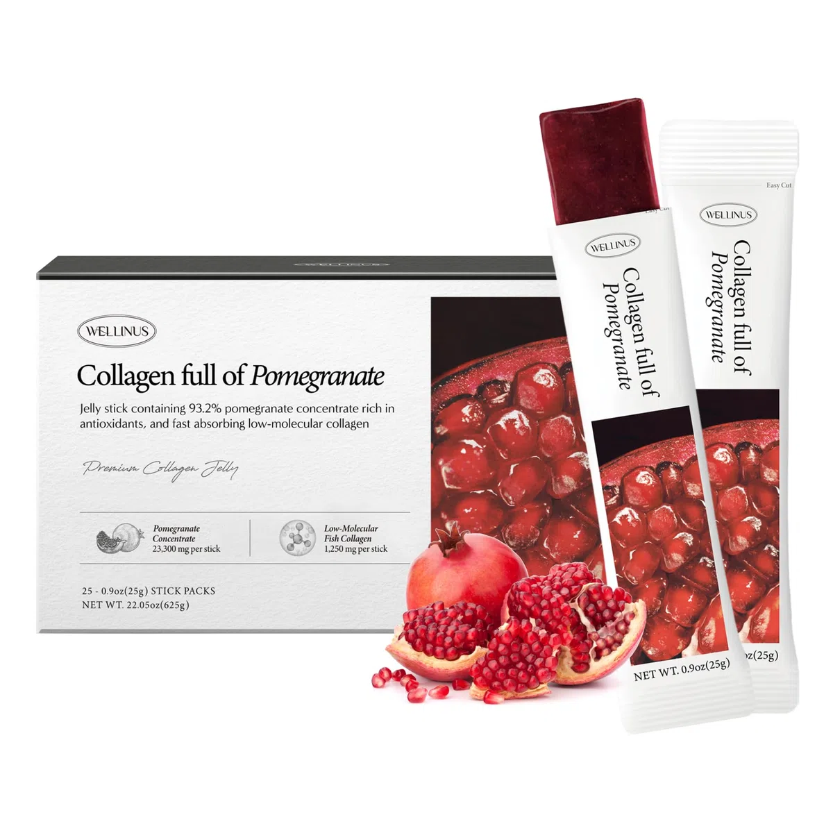 WELLINUS Bâtonnets de gélatine de collagène coréen - 25 collagènes de peptides de collagène marin saveur grenade anti-âge - Protéine de collagène sans sucre, paquets de voyage pour Ha