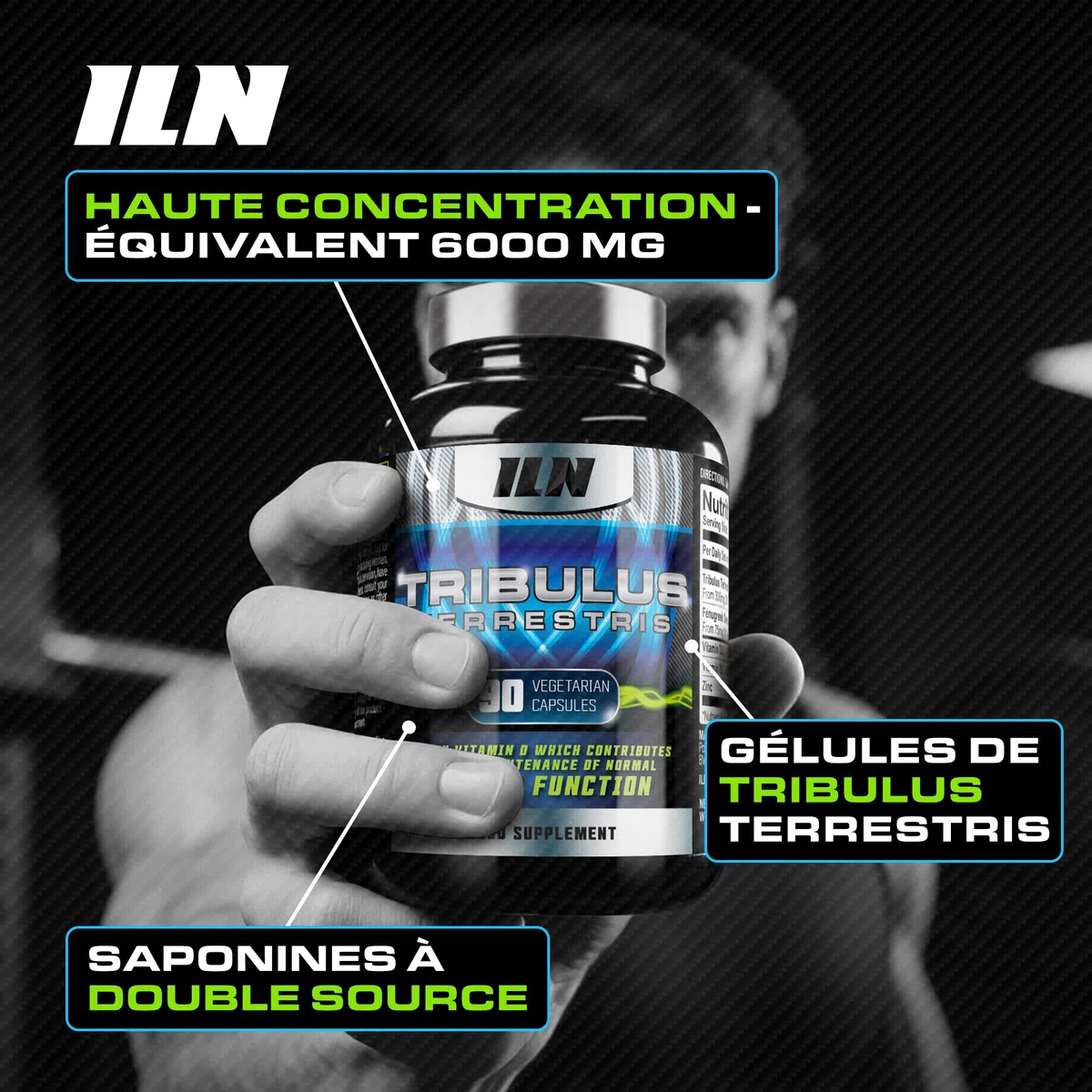 ILN - Tribulus terrestris puissant en gélules pour femmes et hommes - Équivalent 6000 mg, 98% de saponines, extrait 20:1, 90 gélules végétariennes