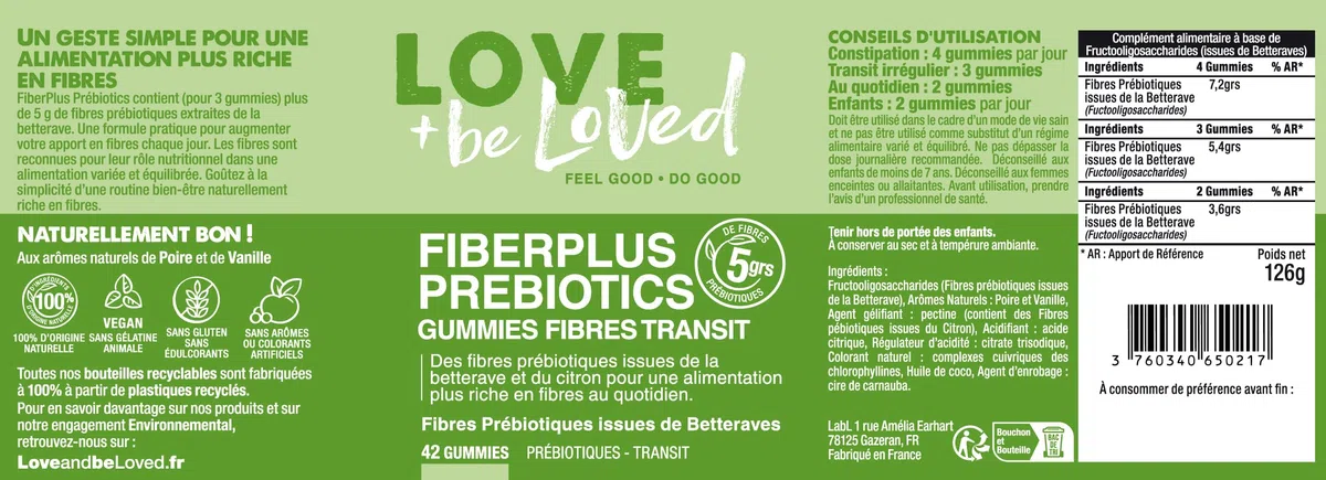FiberPlus Transit – Gummies Fibres Prébiotiques (jusqu’à 5 g/j) – FOS Betterave – Digestion & Microbiote – 42 Gummies – Poire & Vanille Bio – Vegan